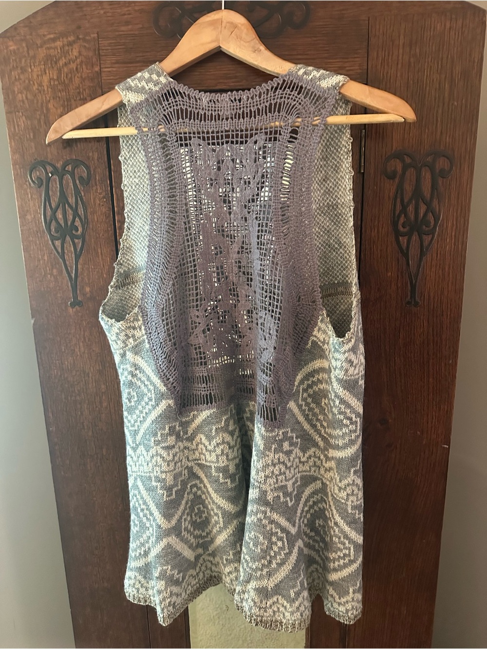 Blu Pepper Gray and Cream Open-Knit Patterned Vest, meant to look vintage
